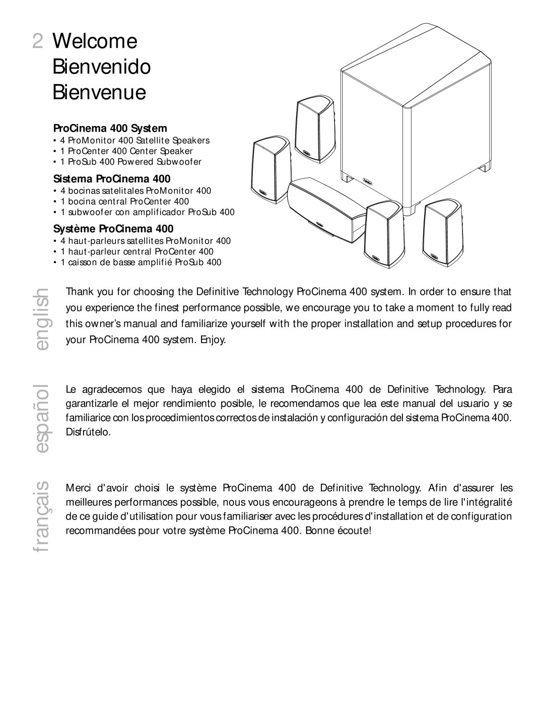 Definitive Technology 400 owner manual Welcome Bienvenido Bienvenue, Français español english 