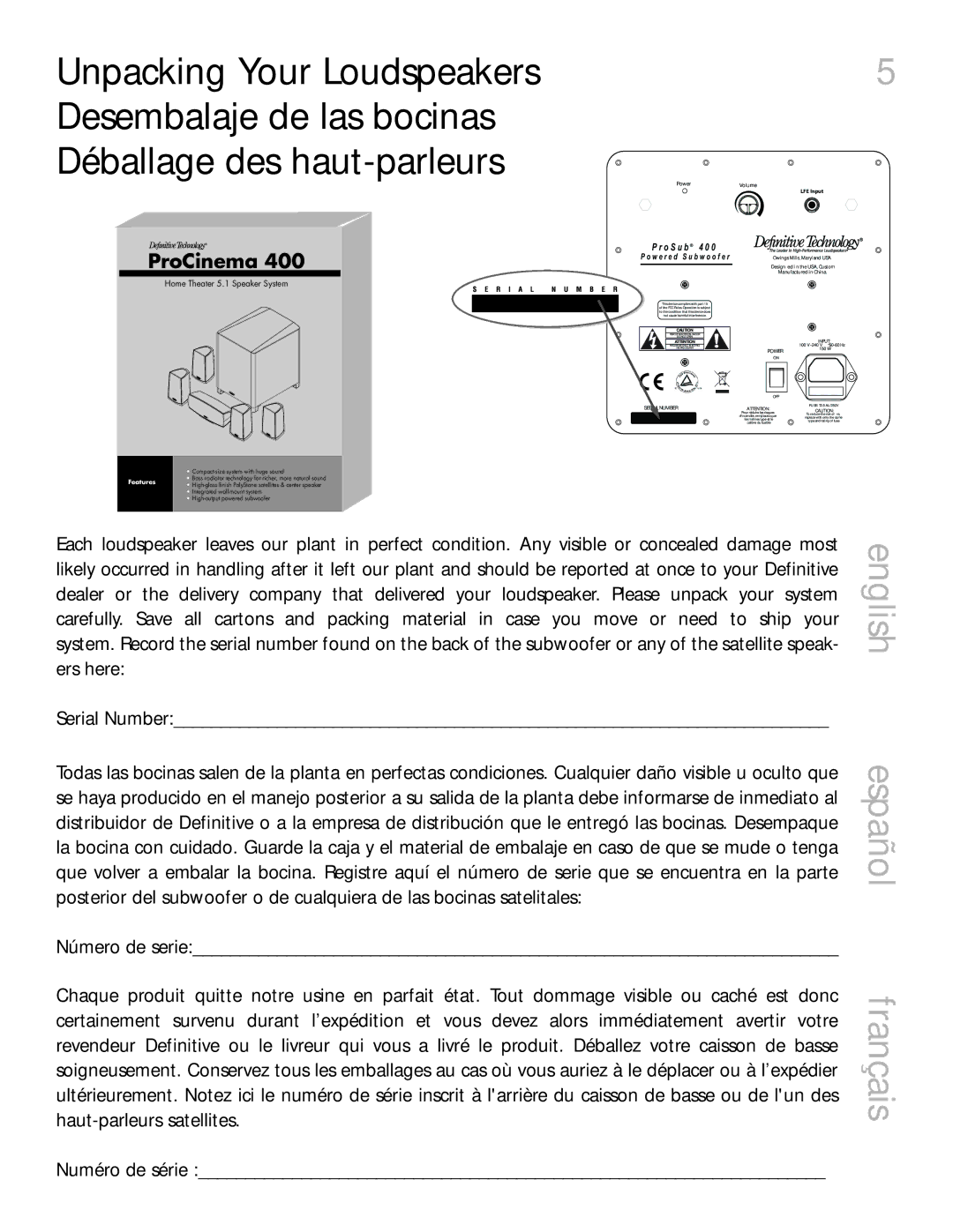 Definitive Technology 400 owner manual English español français, ProCinema 