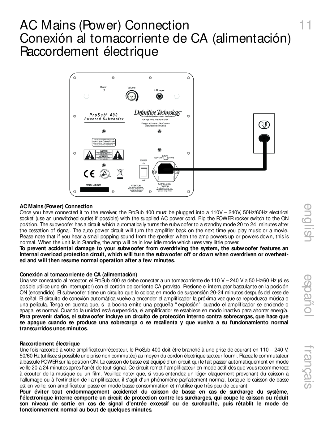 Definitive Technology 400 owner manual AC Mains Power Connection, english español français, Raccordement électrique 