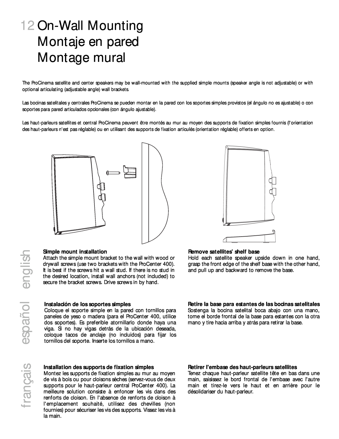 Definitive Technology 400 owner manual On-WallMounting Montaje en pared Montage mural, español english, français 