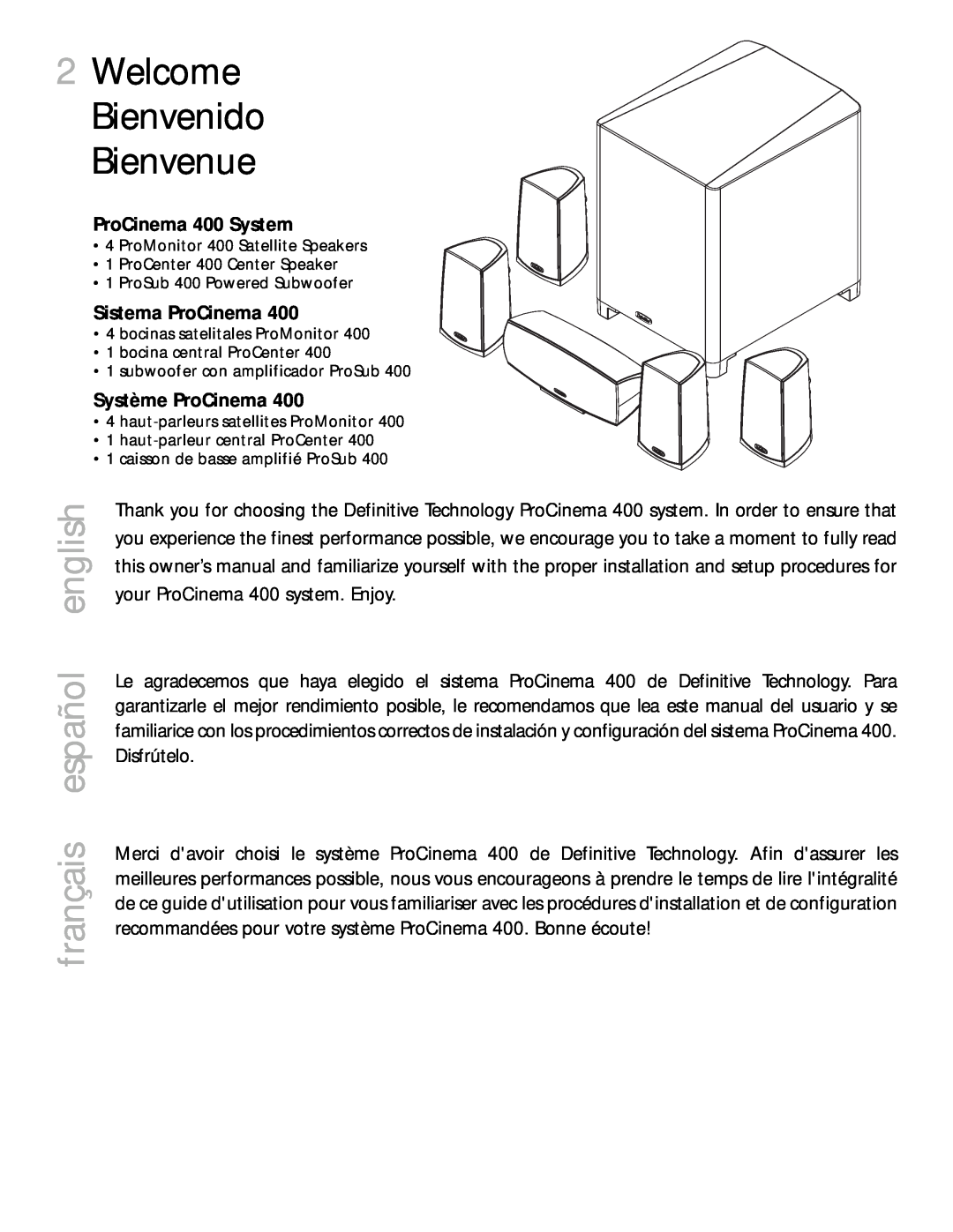Definitive Technology 2Welcome Bienvenido Bienvenue, français español english, ProCinema 400 System, Sistema ProCinema 