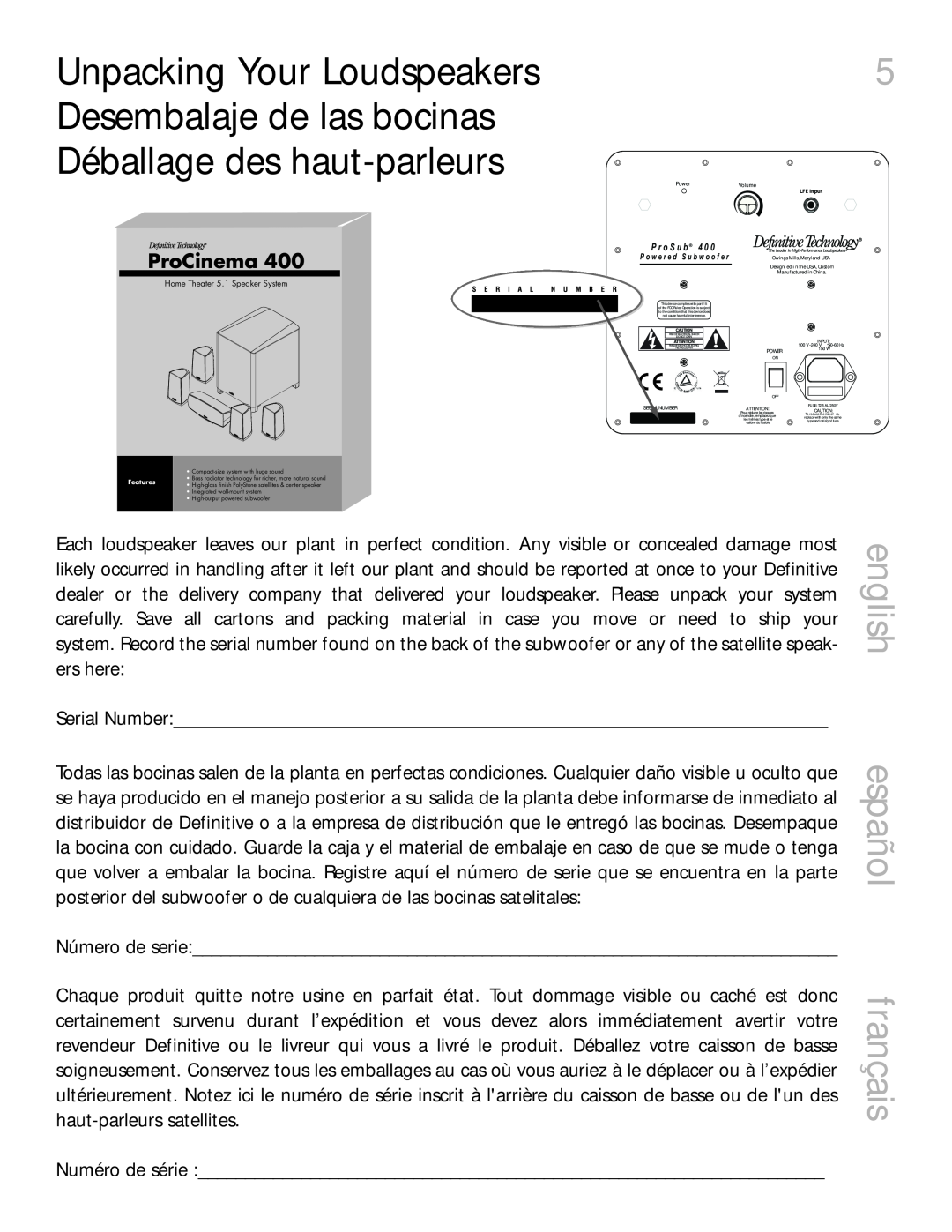 Definitive Technology 400 owner manual english español français, ProCinema 