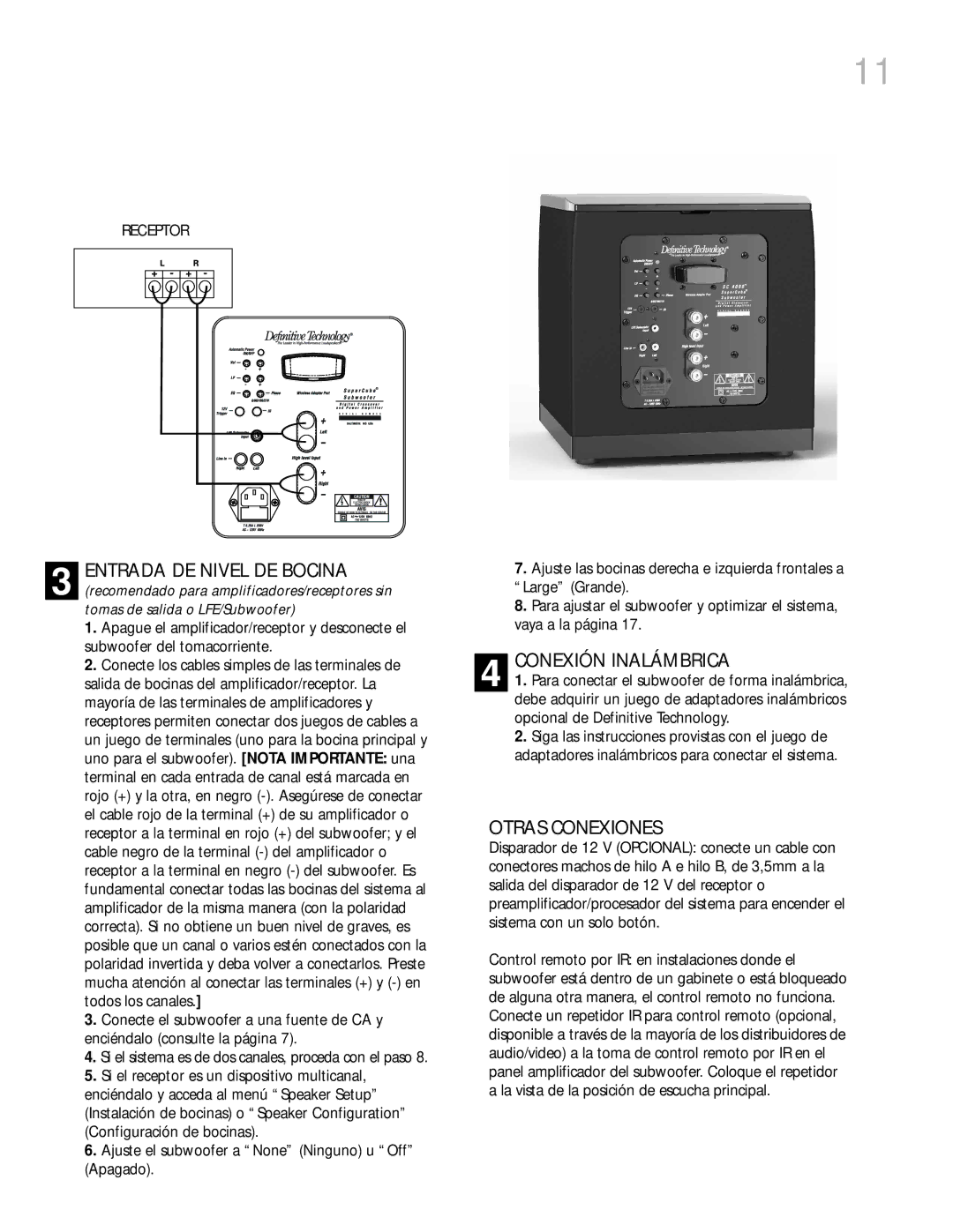 Definitive Technology 6000, 4000 owner manual Entrada DE Nivel DE Bocina, Conexión Inalámbrica, Otras Conexiones 