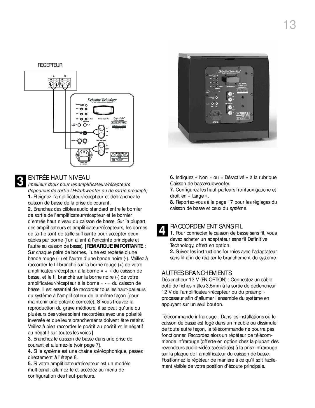 Definitive Technology 6000, 4000 owner manual Entrée Haut Niveau, Raccordement Sans FIL, Autres Branchements 