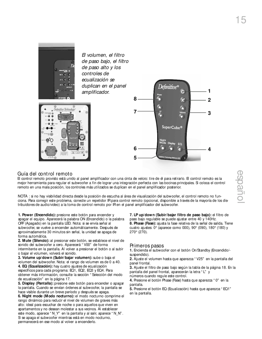 Definitive Technology 6000, 4000 owner manual Guía del control remoto, Primeros pasos 