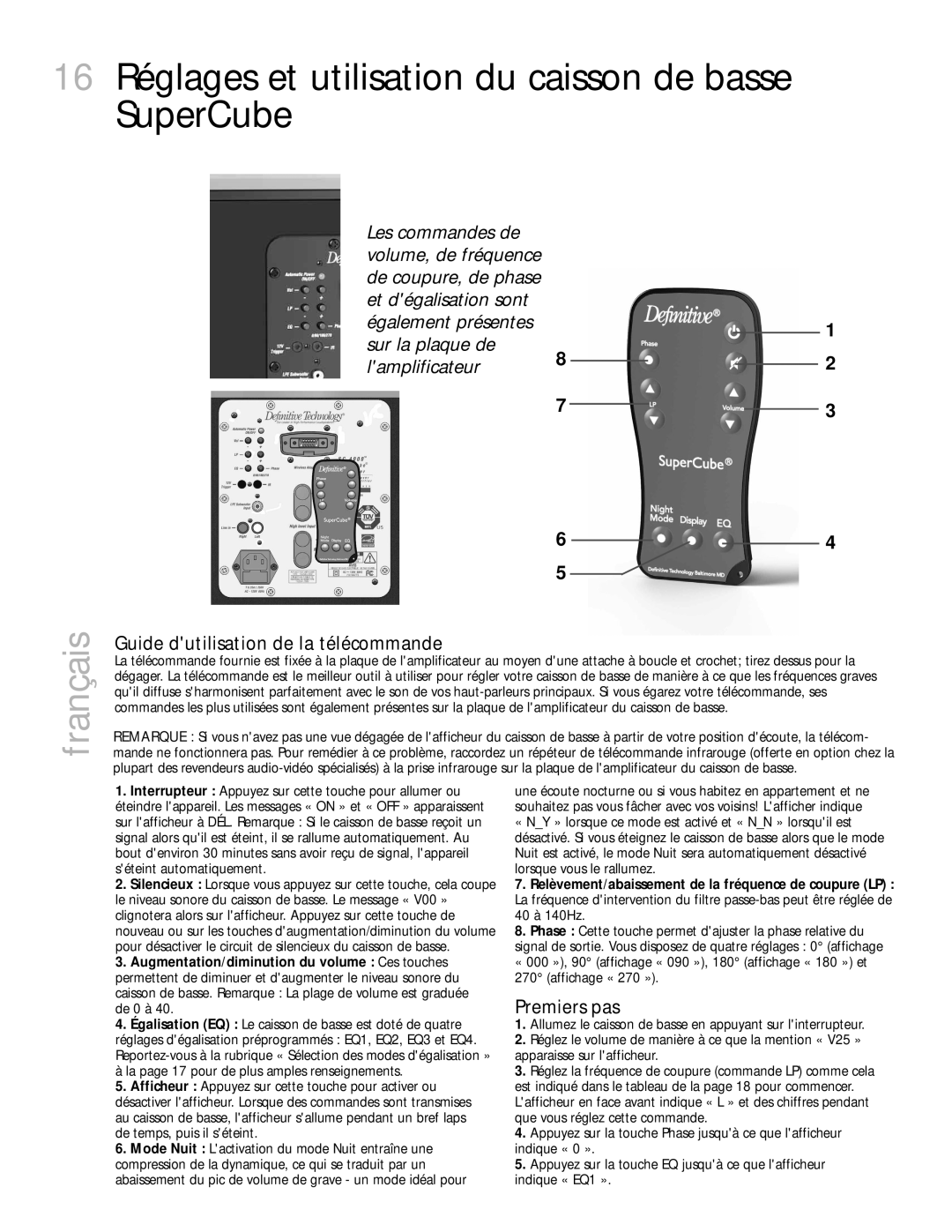 Definitive Technology 4000, 6000 owner manual Guide dutilisation de la télécommande, Premiers pas 