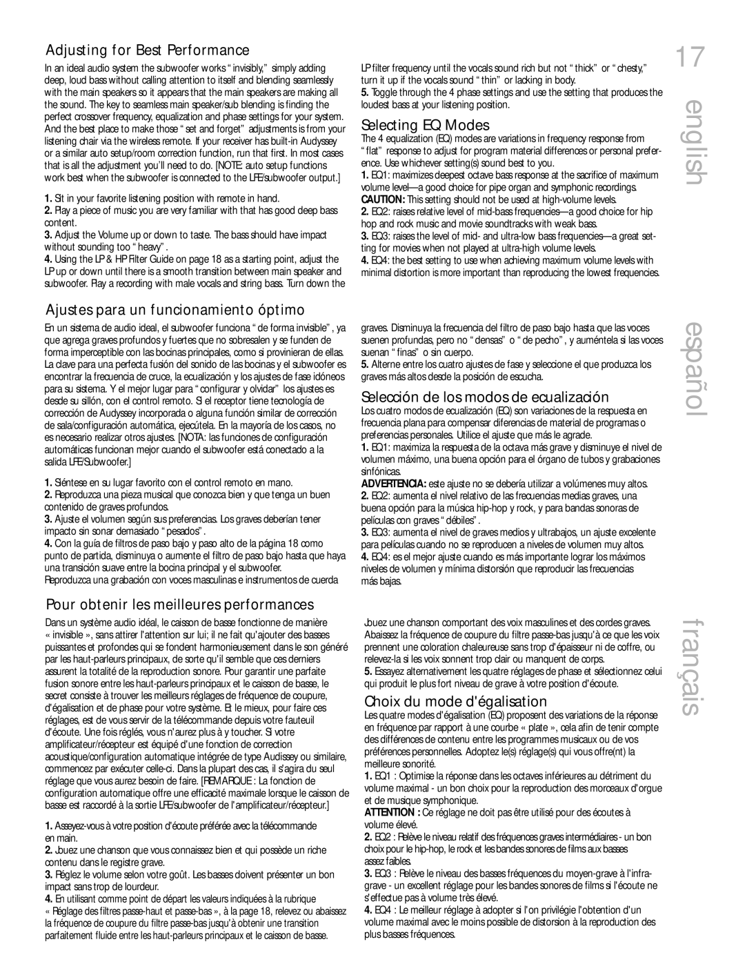 Definitive Technology 6000, 4000 Adjusting for Best Performance, Selecting EQ Modes, Ajustes para un funcionamiento óptimo 