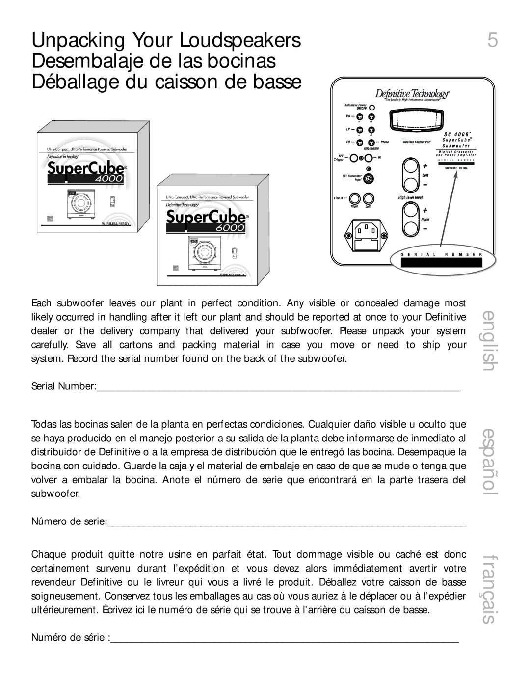 Definitive Technology 6000, 4000 owner manual English español français, Numéro de série 