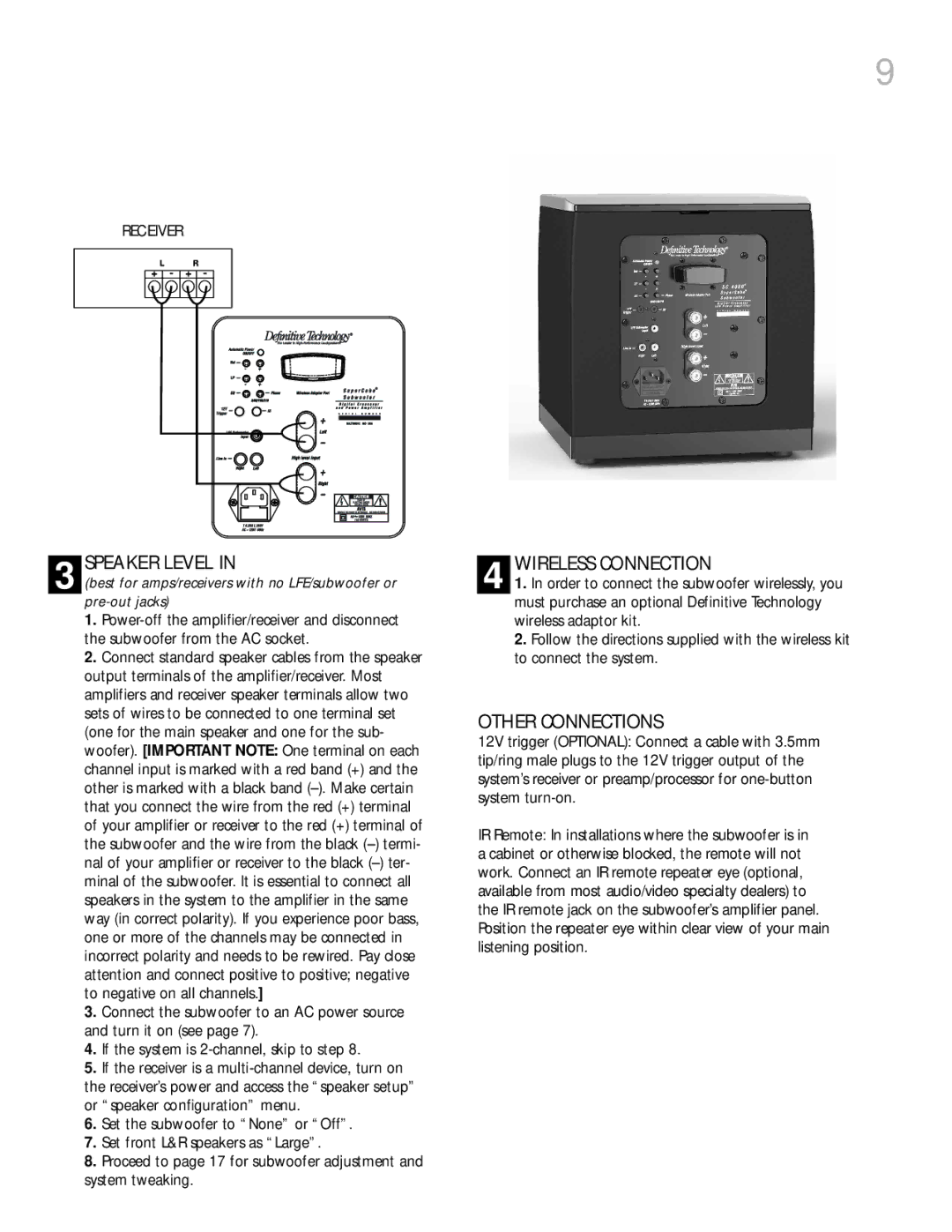 Definitive Technology 6000, 4000 owner manual Speaker Level, Wireless Connection, Other Connections 