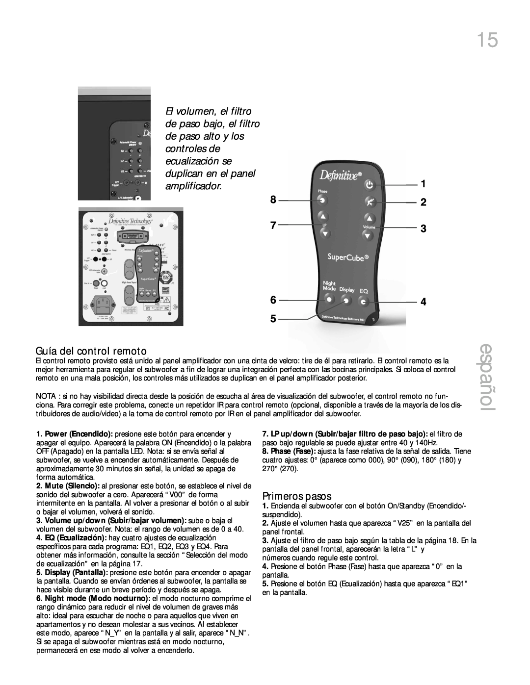Definitive Technology 6000, 4000 owner manual español, Guía del control remoto, Primeros pasos 