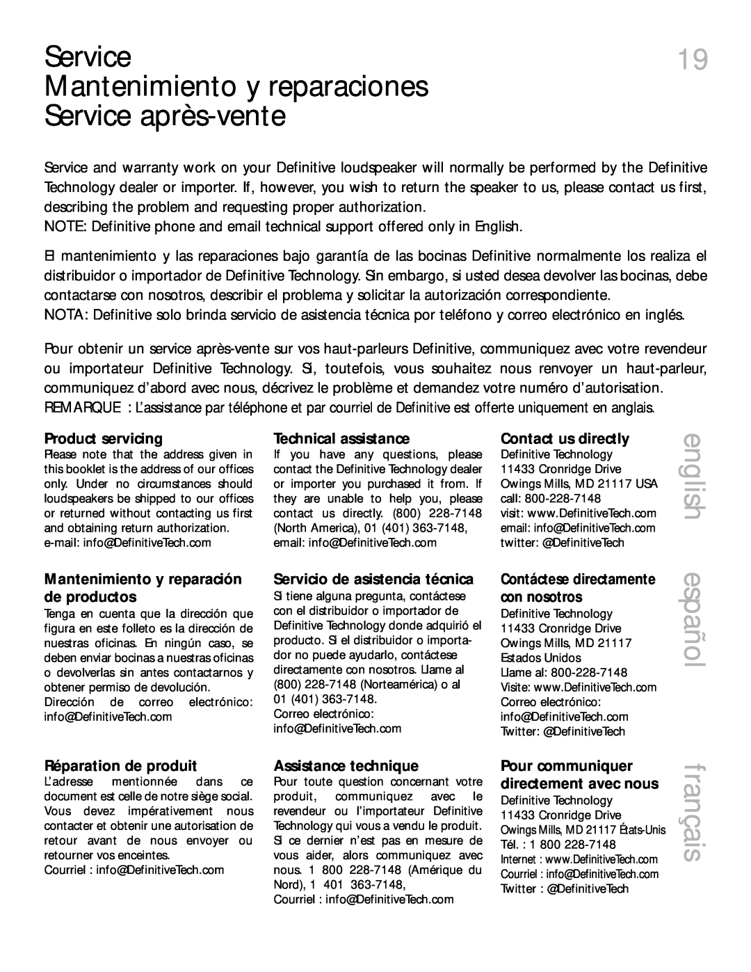 Definitive Technology 6000 Mantenimiento y reparaciones Service après-vente, Product servicing, Technical assistance 