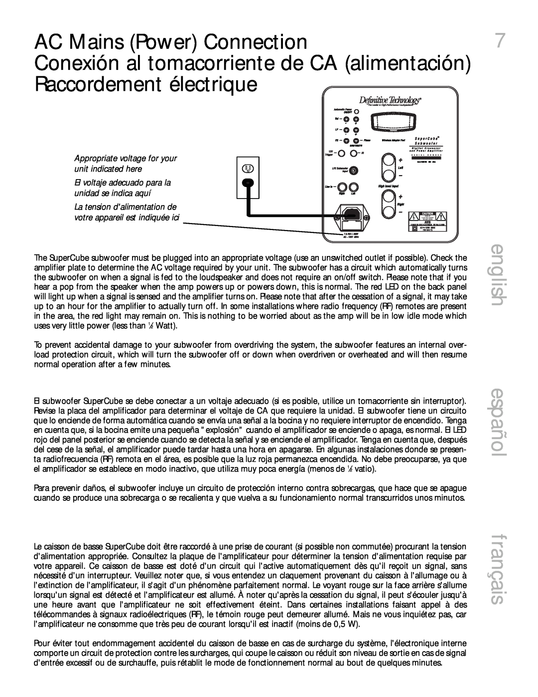 Definitive Technology 6000, 4000 owner manual AC Mains Power Connection, english español, français 