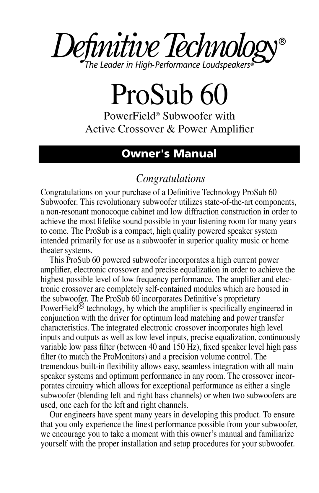 Definitive Technology 60 owner manual ProSub 