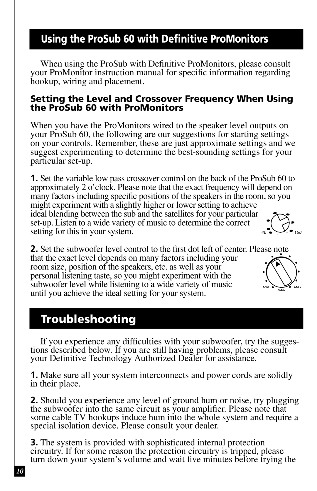 Definitive Technology owner manual Using the ProSub 60 with Deﬁnitive ProMonitors, Troubleshooting 