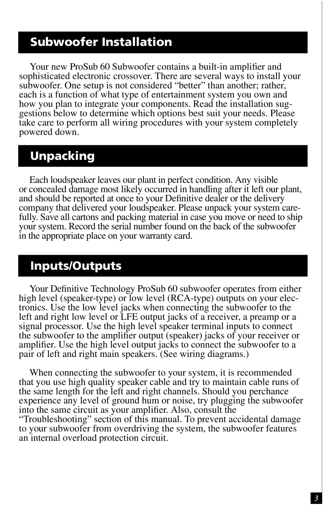 Definitive Technology 60 owner manual Subwoofer Installation, Unpacking, Inputs/Outputs 