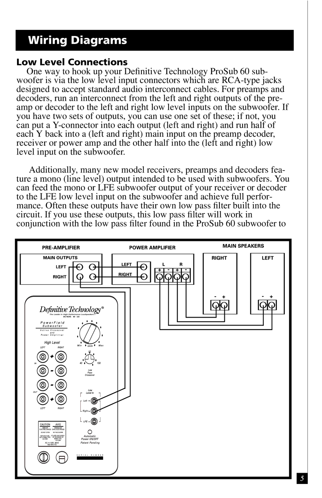 Definitive Technology 60 owner manual Wiring Diagrams, Low Level Connections 