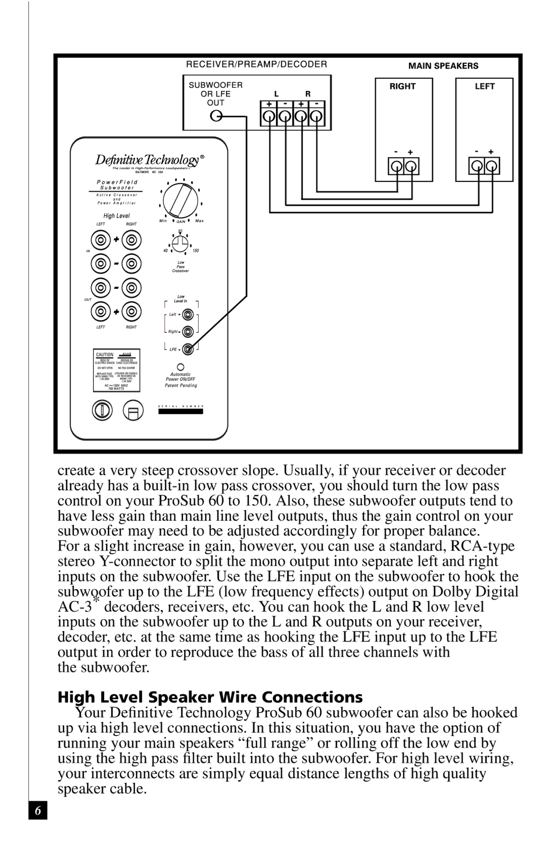 Definitive Technology 60 owner manual High Level Speaker Wire Connections 