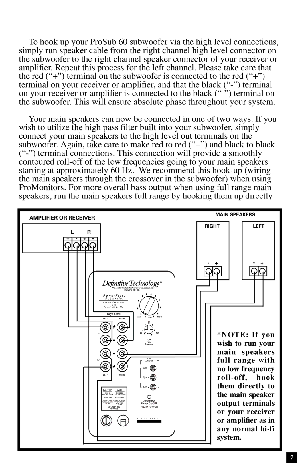 Definitive Technology 60 owner manual Amplifier or Receiver 