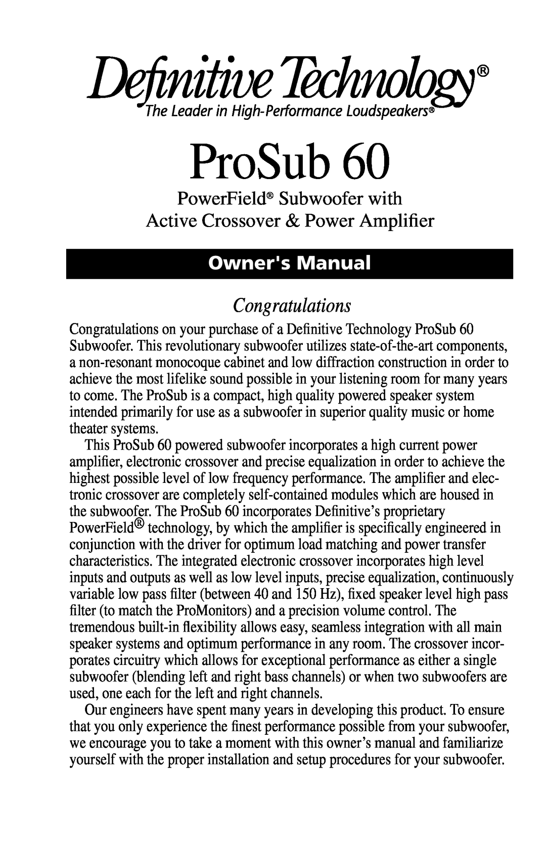 Definitive Technology 60 owner manual ProSub, Congratulations, PowerField Subwoofer with 