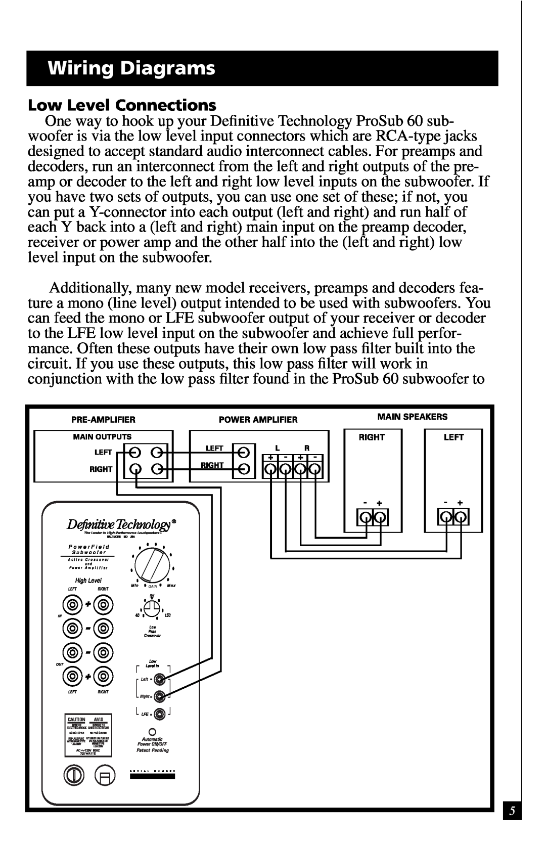 Definitive Technology 60 owner manual Wiring Diagrams, Low Level Connections 