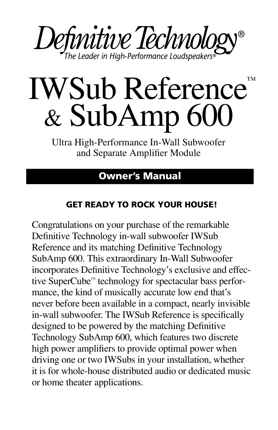 Definitive Technology 600 owner manual IWSub Reference SubAmp 