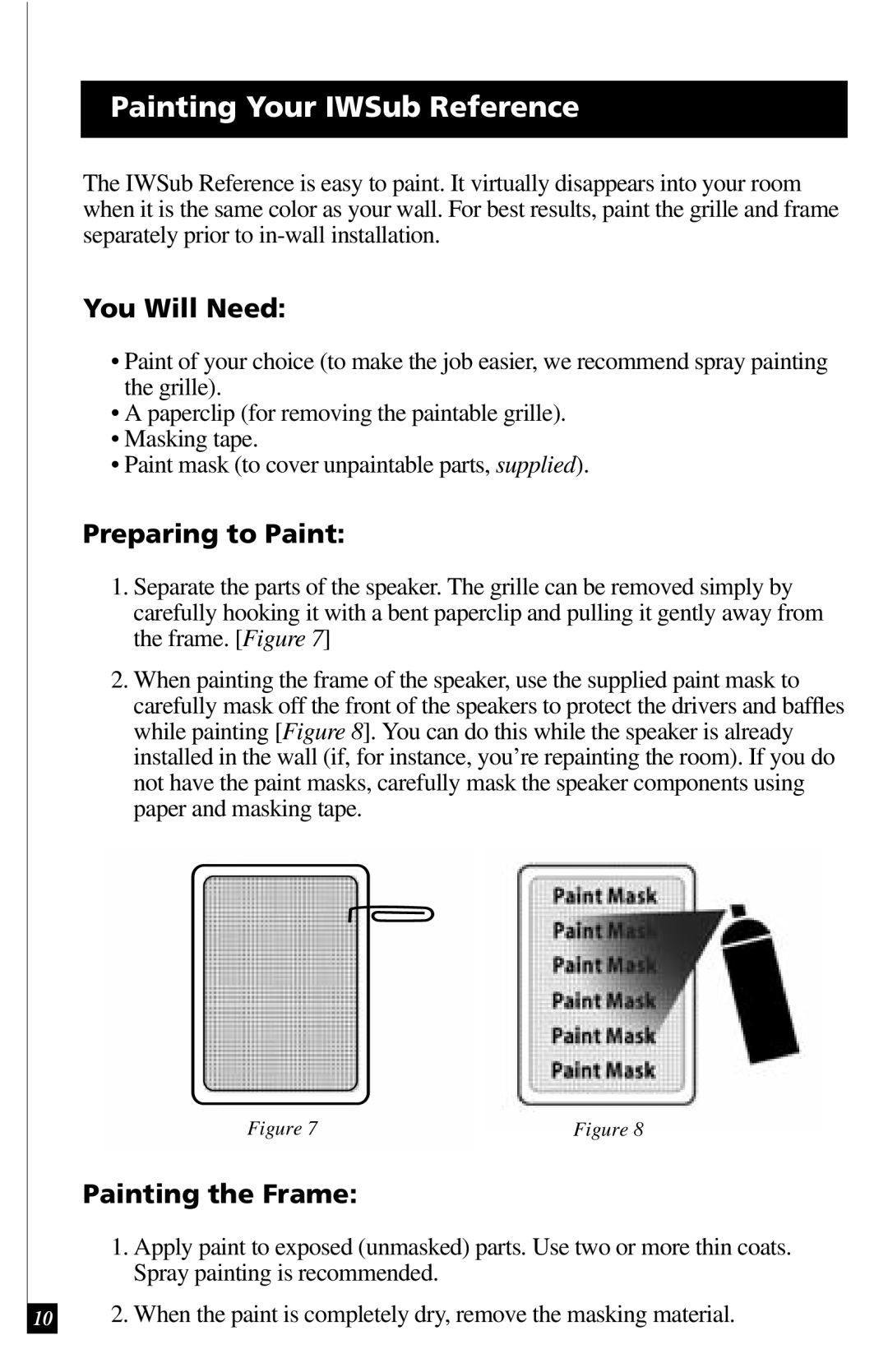 Definitive Technology 600 owner manual Painting Your IWSub Reference, You Will Need, Preparing to Paint, Painting the Frame 