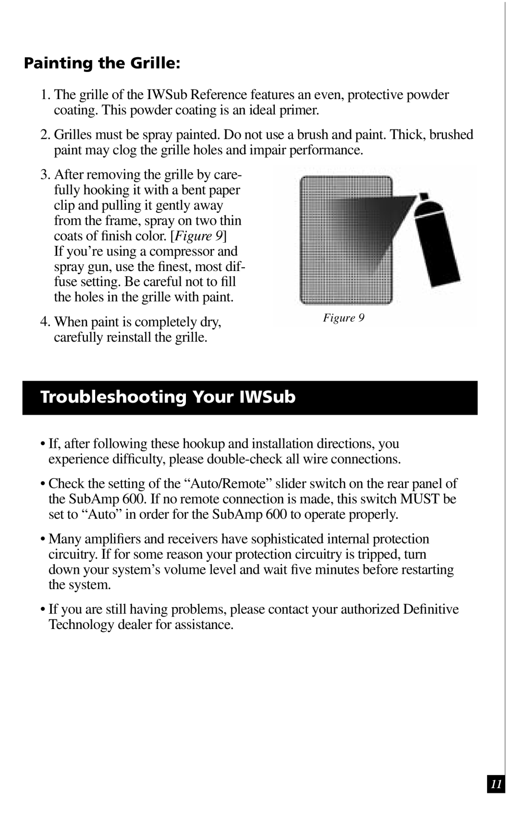 Definitive Technology 600 owner manual Troubleshooting Your IWSub, Painting the Grille 