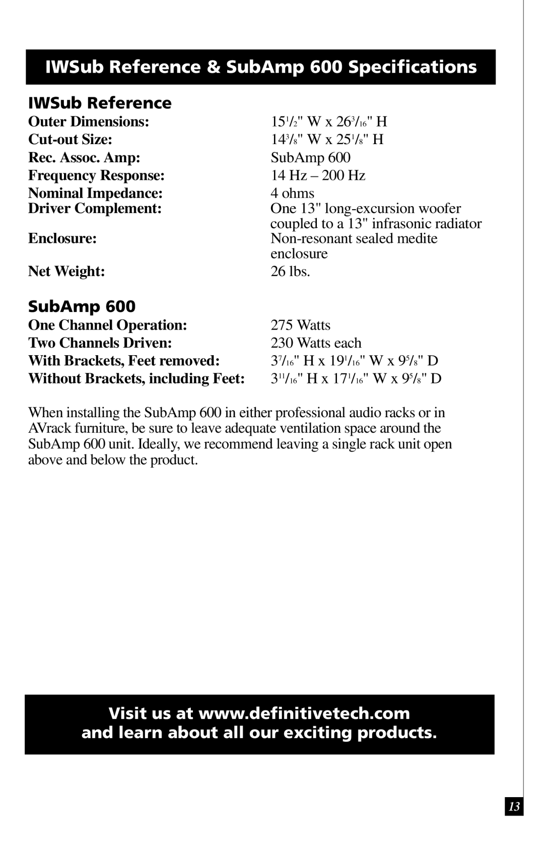 Definitive Technology owner manual IWSub Reference & SubAmp 600 Speciﬁcations 