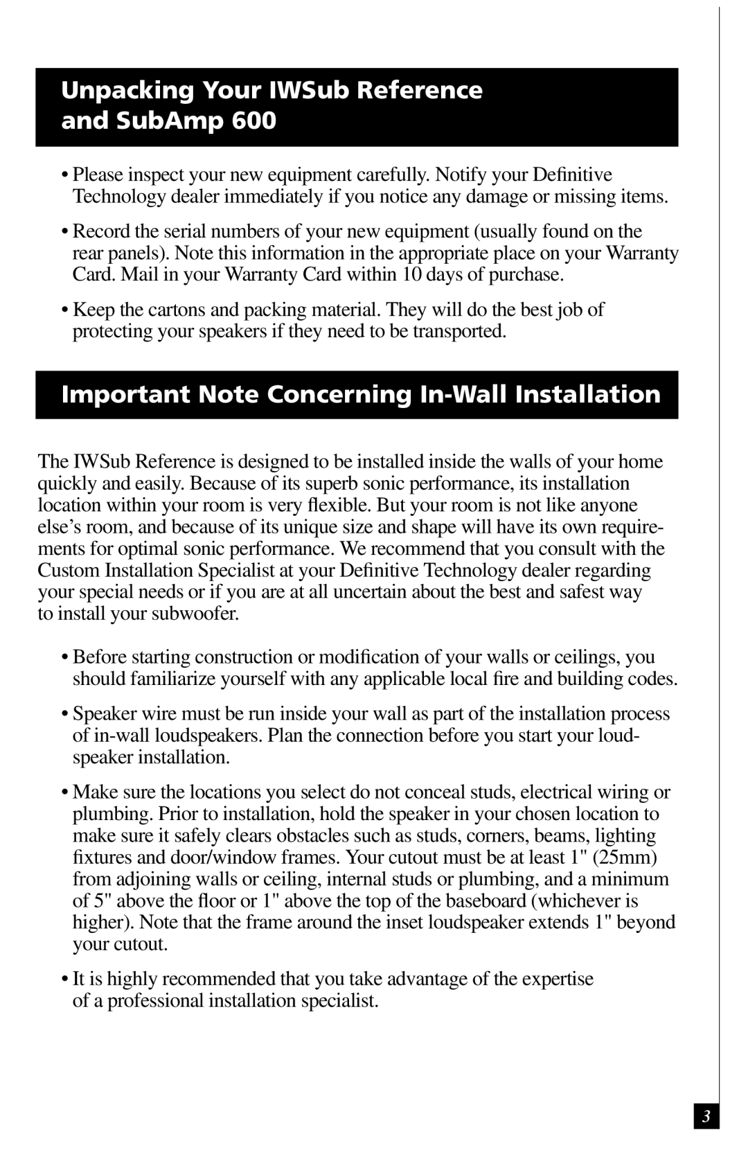 Definitive Technology 600 Unpacking Your IWSub Reference SubAmp, Important Note Concerning In-Wall Installation 