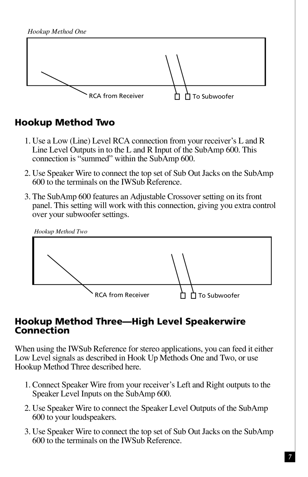 Definitive Technology 600 owner manual Hookup Method Two, Hookup Method Three-High Level Speakerwire Connection 