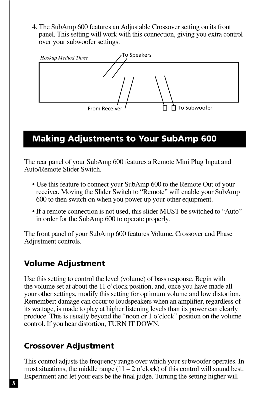 Definitive Technology 600 owner manual Making Adjustments to Your SubAmp, Volume Adjustment, Crossover Adjustment 