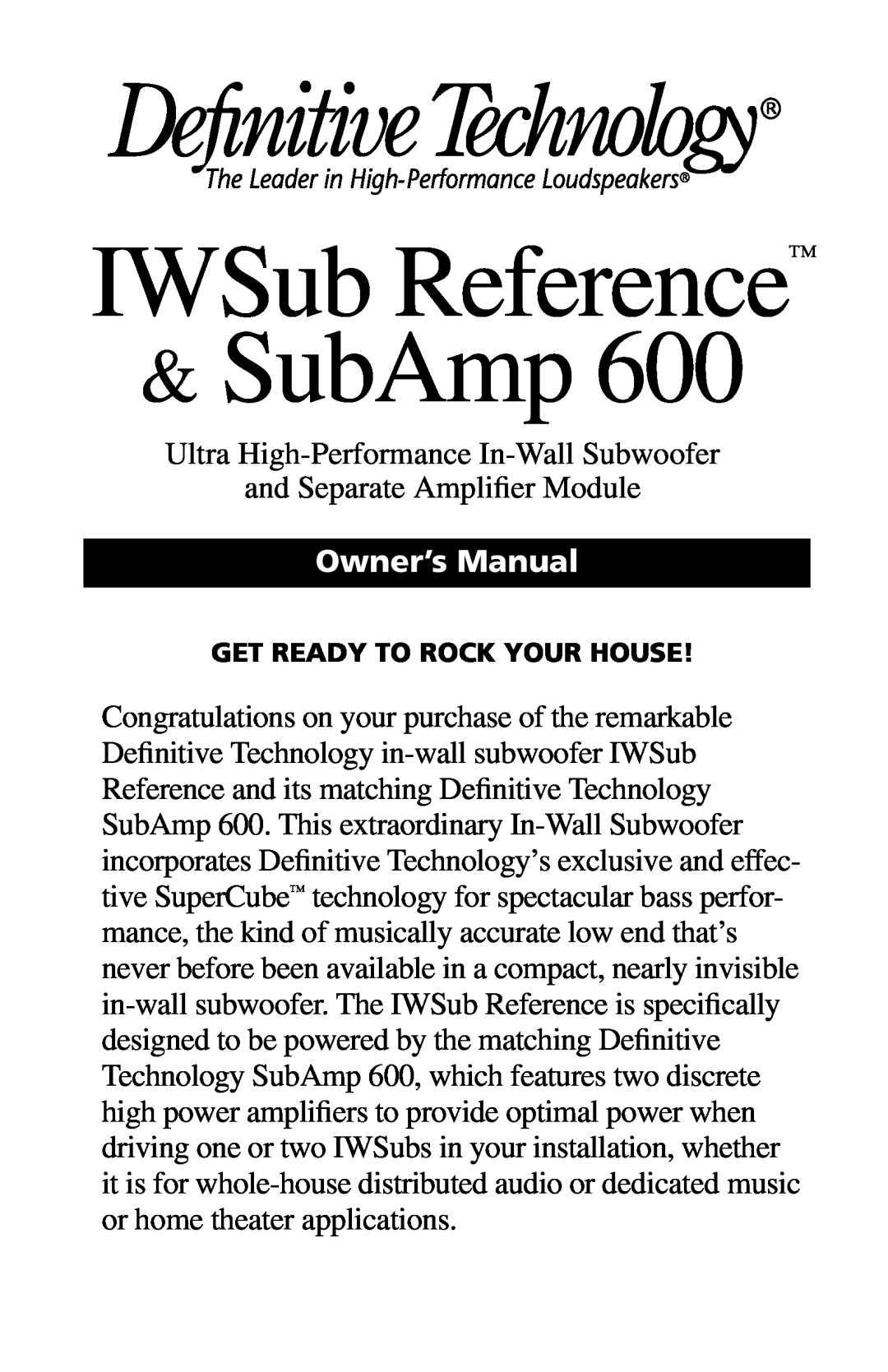 Definitive Technology 600 owner manual IWSub Reference SubAmp, Owner’s Manual 