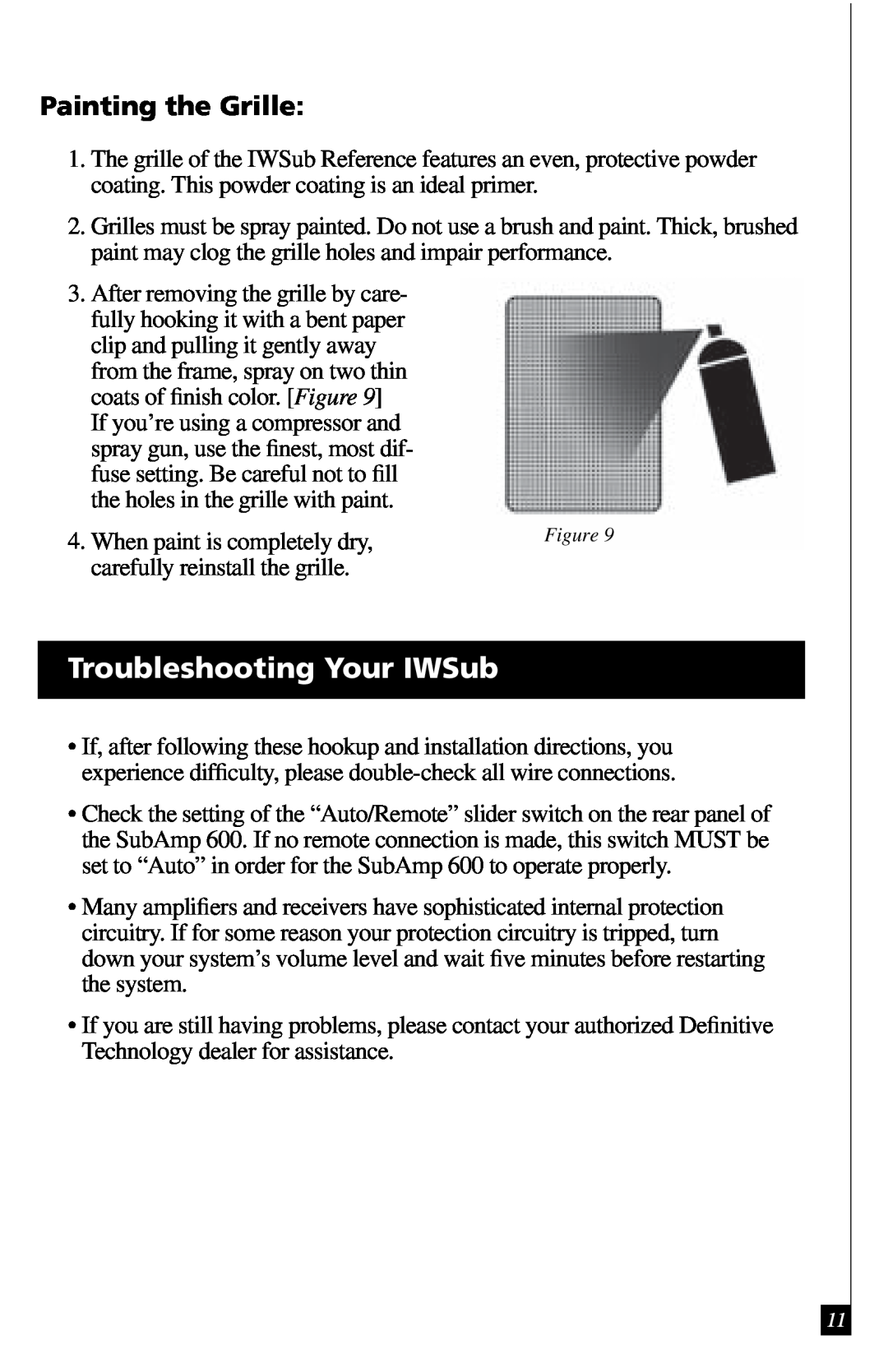 Definitive Technology 600 owner manual Troubleshooting Your IWSub, Painting the Grille 