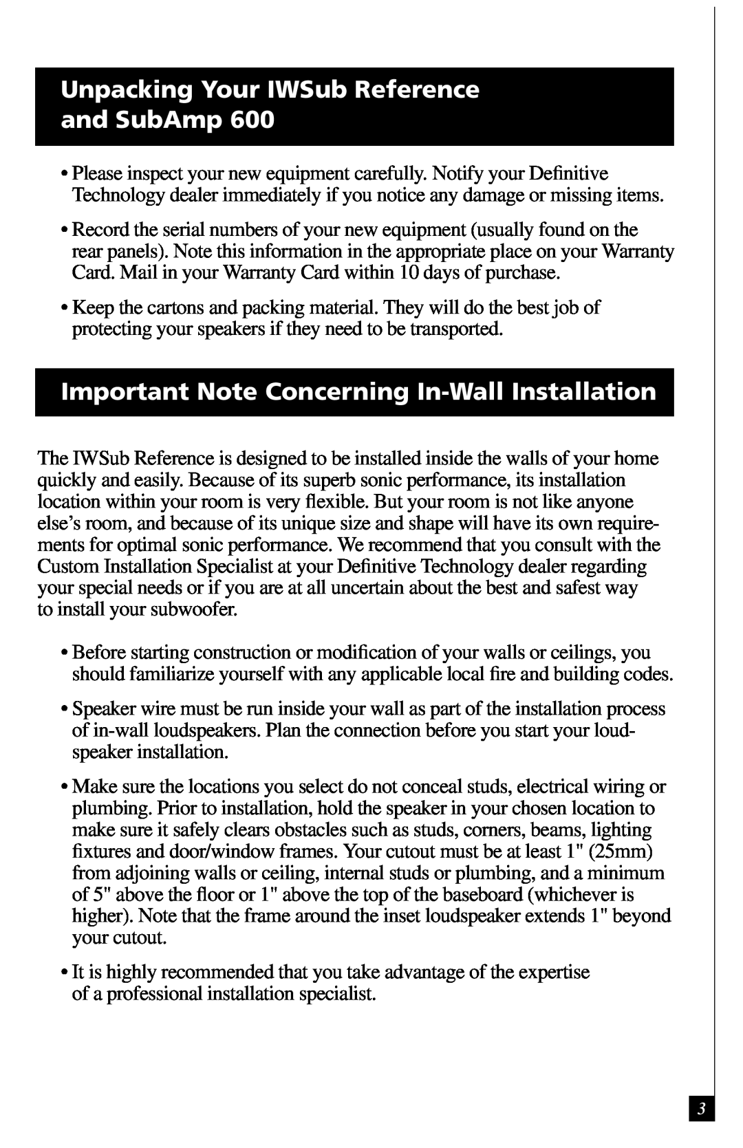 Definitive Technology 600 Unpacking Your IWSub Reference and SubAmp, Important Note Concerning In-Wall Installation 