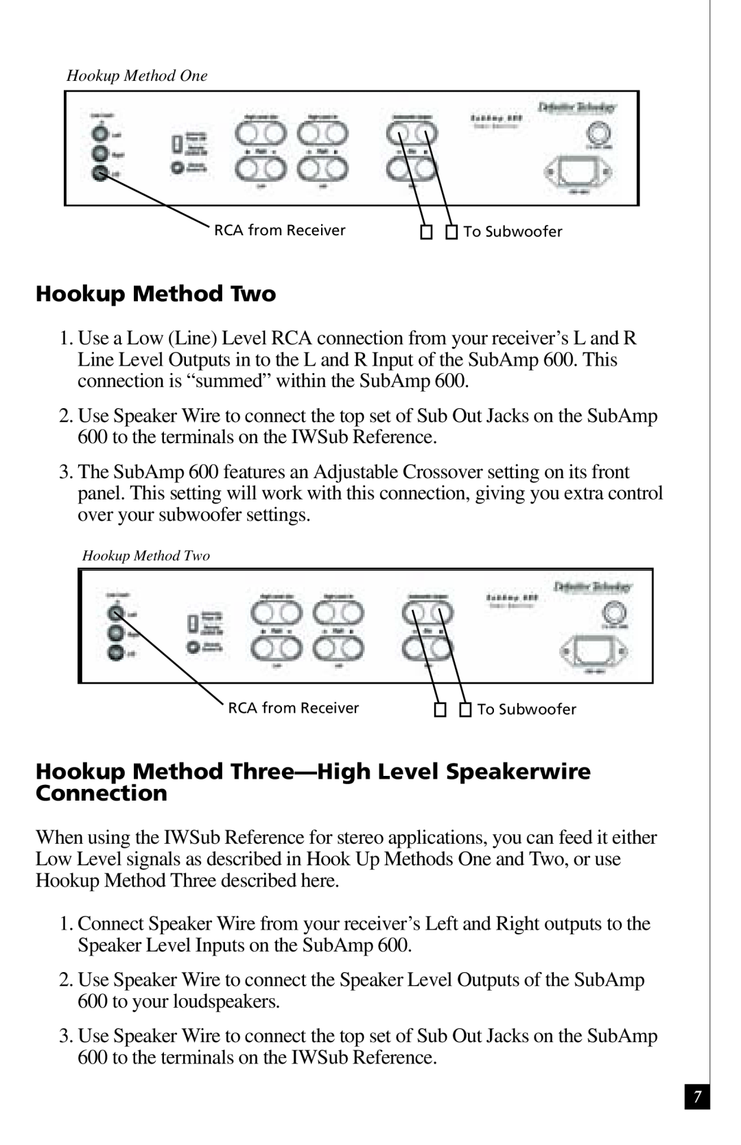 Definitive Technology 600 Hookup Method Two, Hookup Method Three-High Level Speakerwire Connection, Hookup Method One 