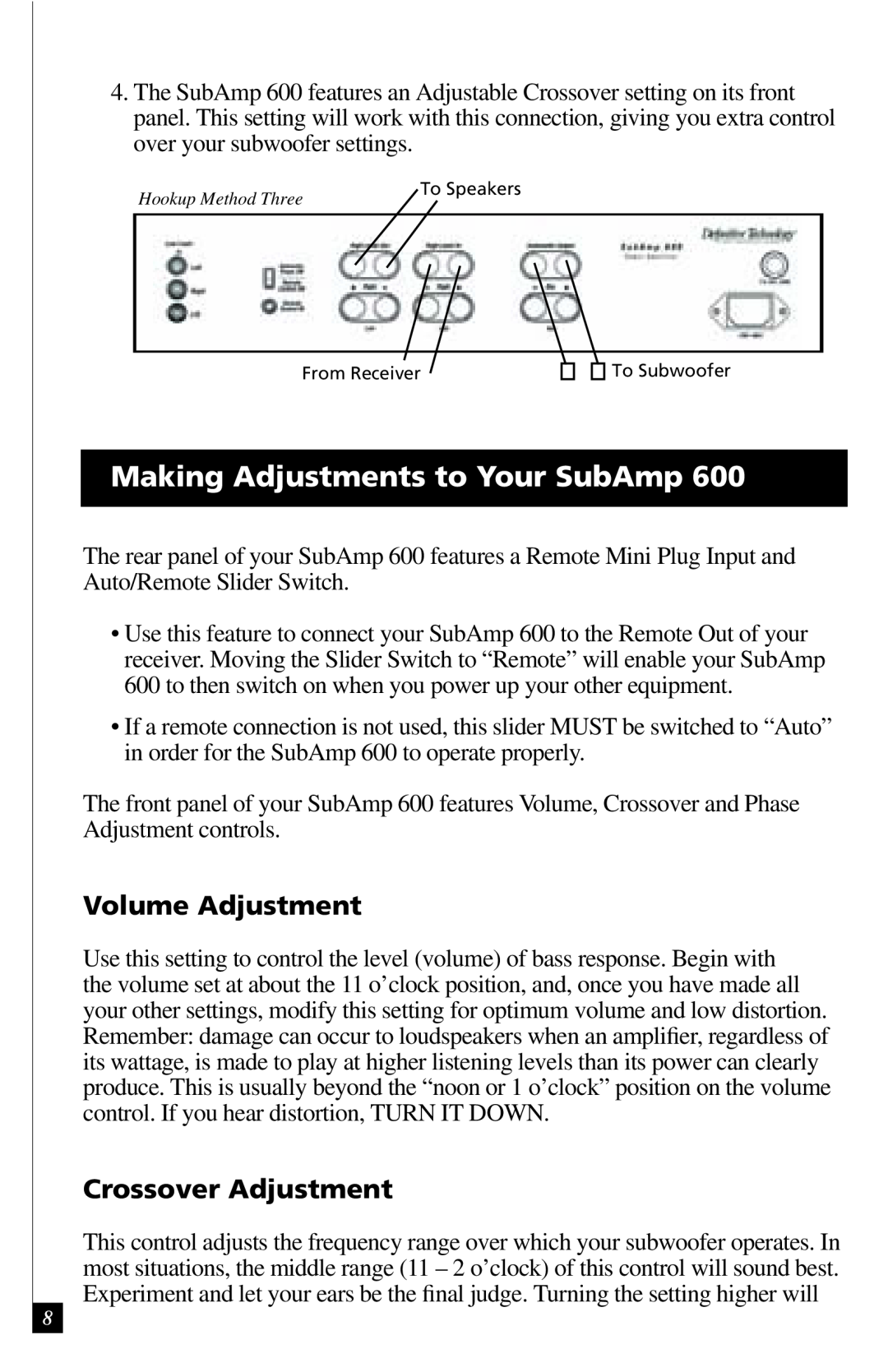 Definitive Technology 600 owner manual Making Adjustments to Your SubAmp, Volume Adjustment, Crossover Adjustment 