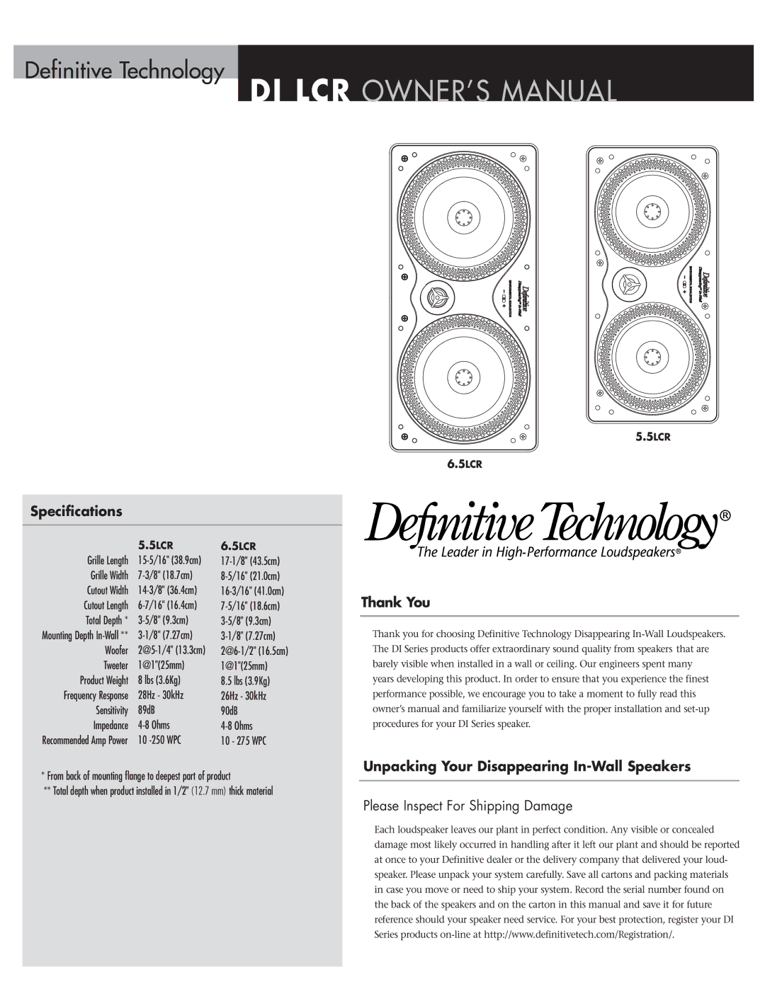 Definitive Technology 6.5LCR owner manual Specifications, Thank You, Unpacking Your Disappearing In-Wall Speakers 