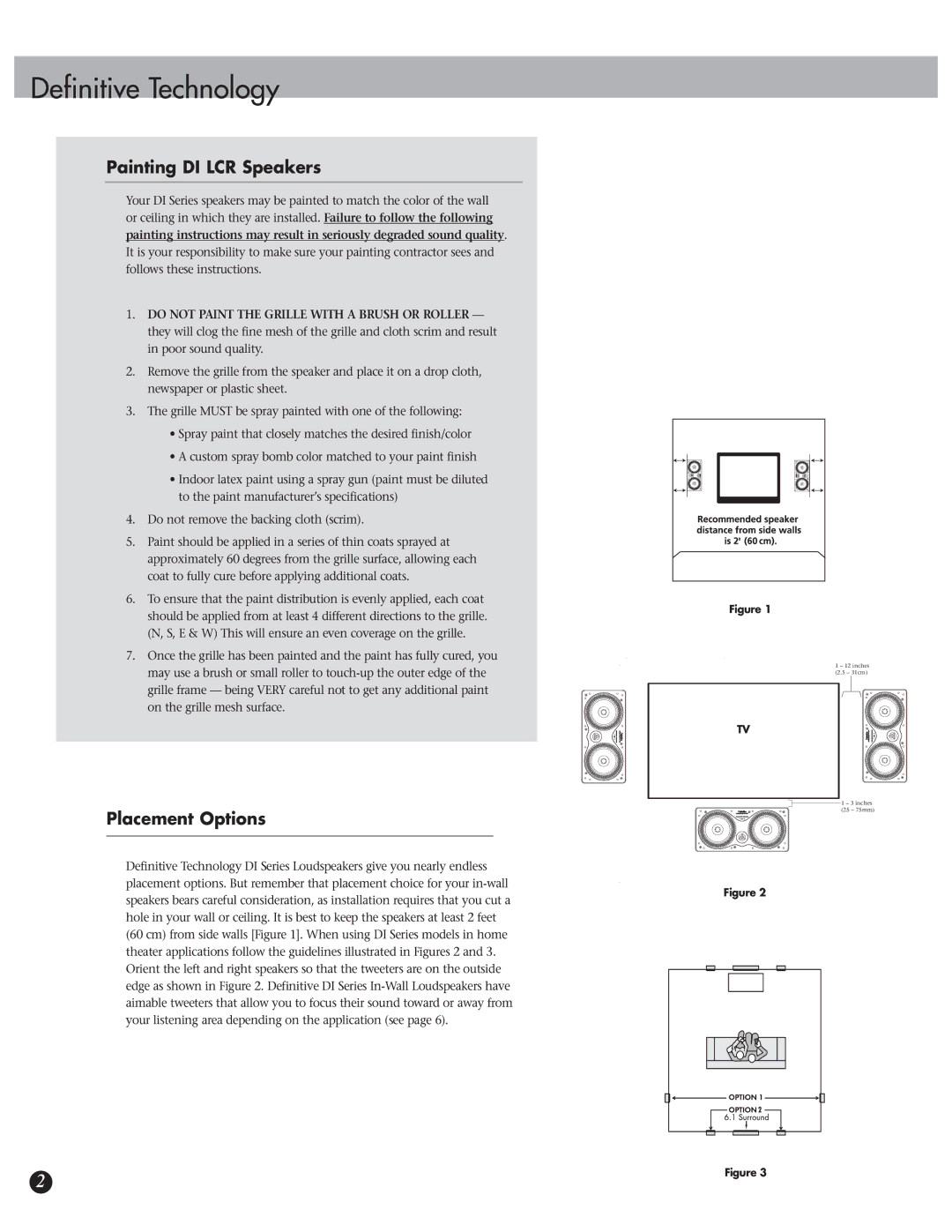 Definitive Technology 6.5LCR owner manual Painting DI LCR Speakers, Placement Options 