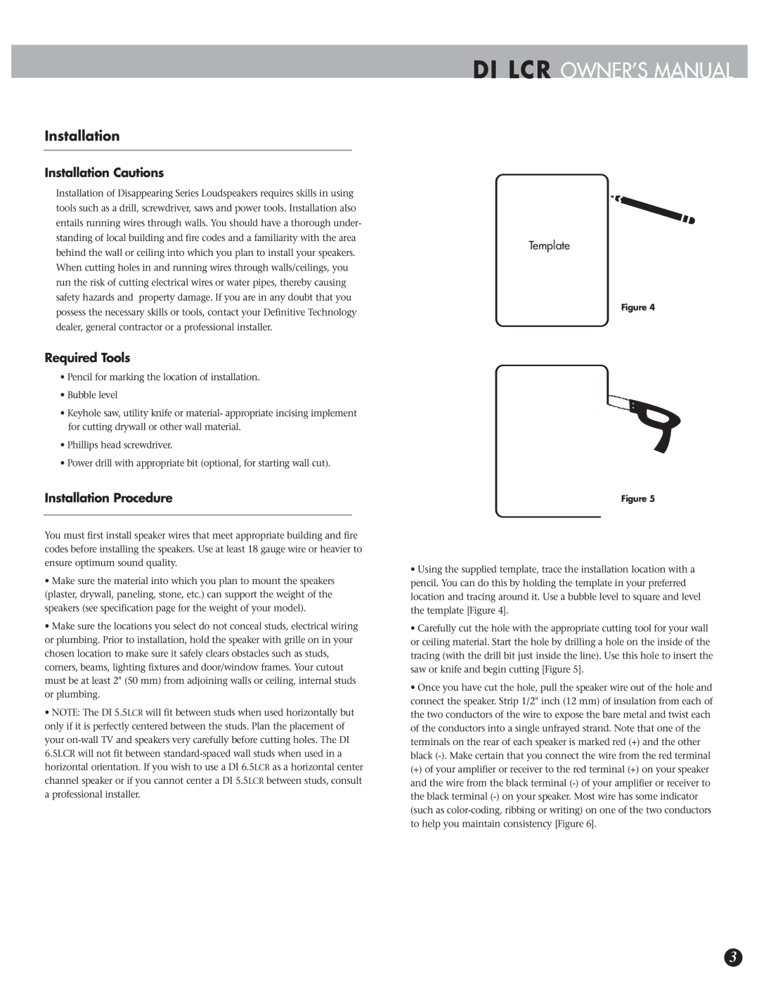 Definitive Technology 6.5LCR owner manual Installation Cautions, Required Tools, Installation Procedure 