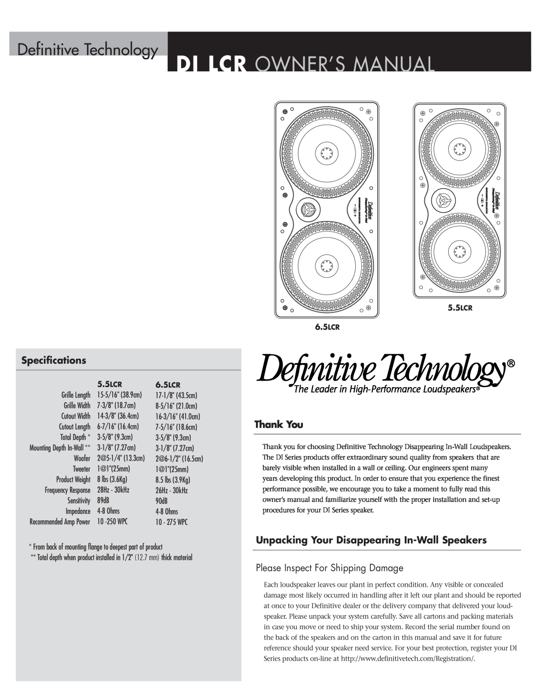 Definitive Technology owner manual Definitive Technology, Specifications, Thank You, 5.5LCR 6.5LCR 