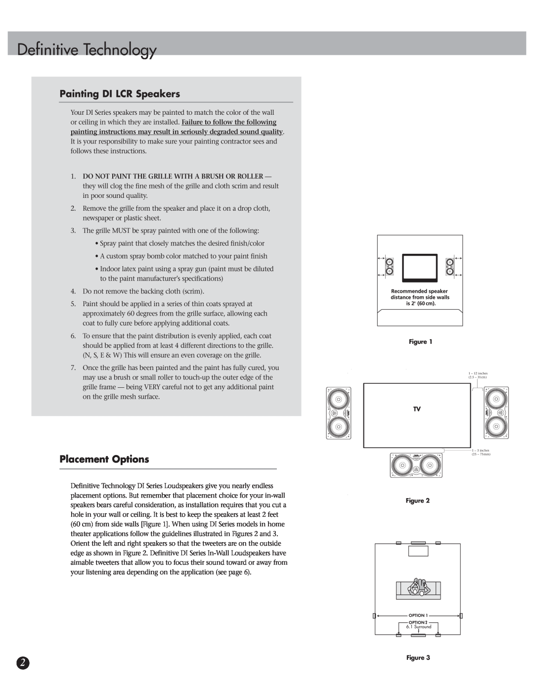 Definitive Technology 6.5LCR owner manual Painting DI LCR Speakers, Placement Options, Definitive Technology 