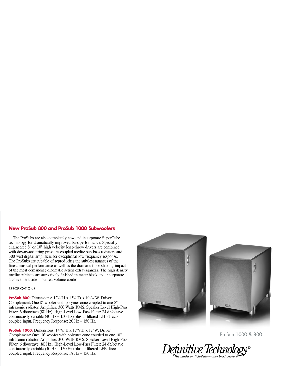 Definitive Technology specifications New ProSub 800 and ProSub 1000 Subwoofers 