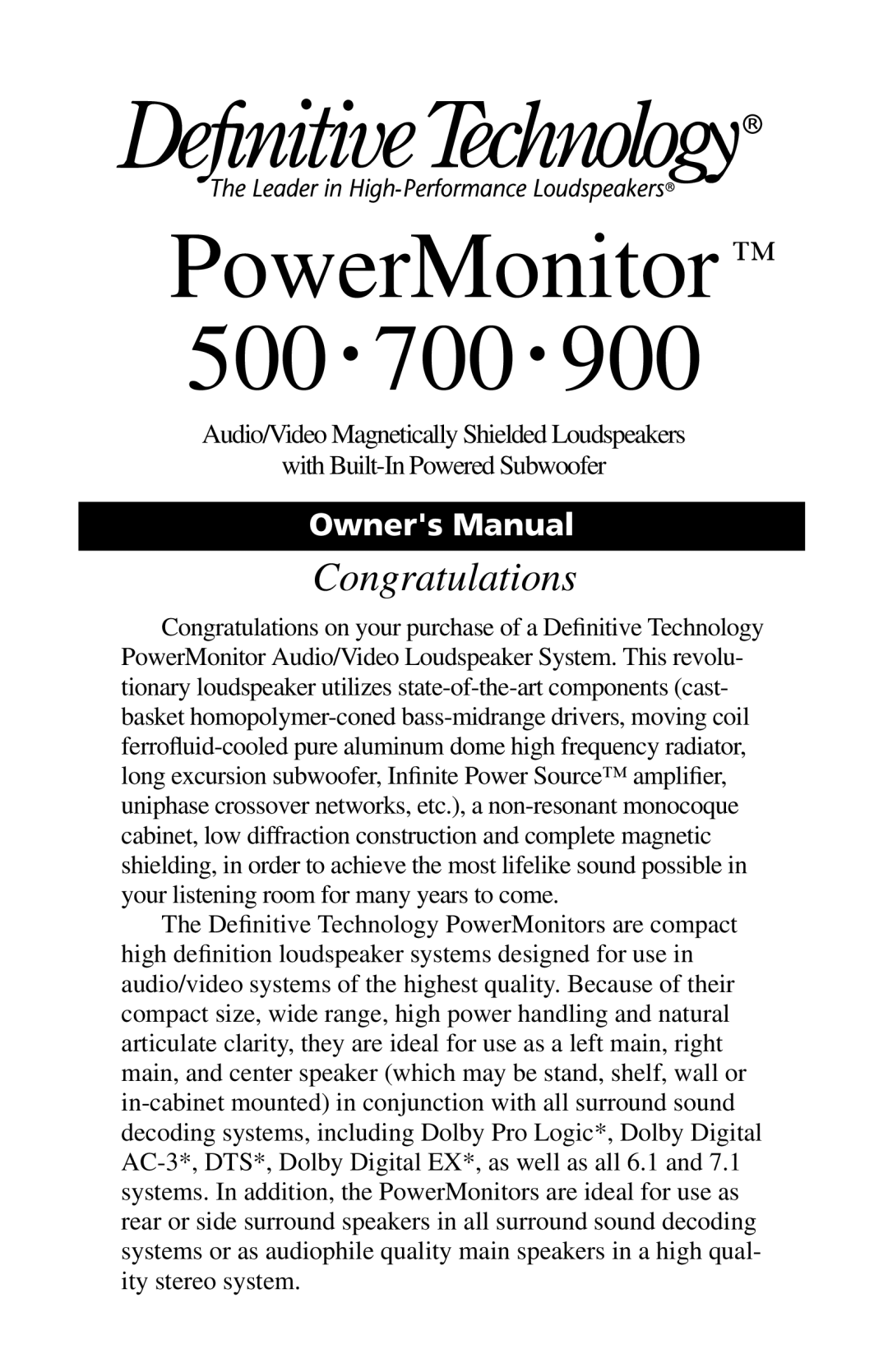 Definitive Technology 900 owner manual PowerMonitor 500 700 