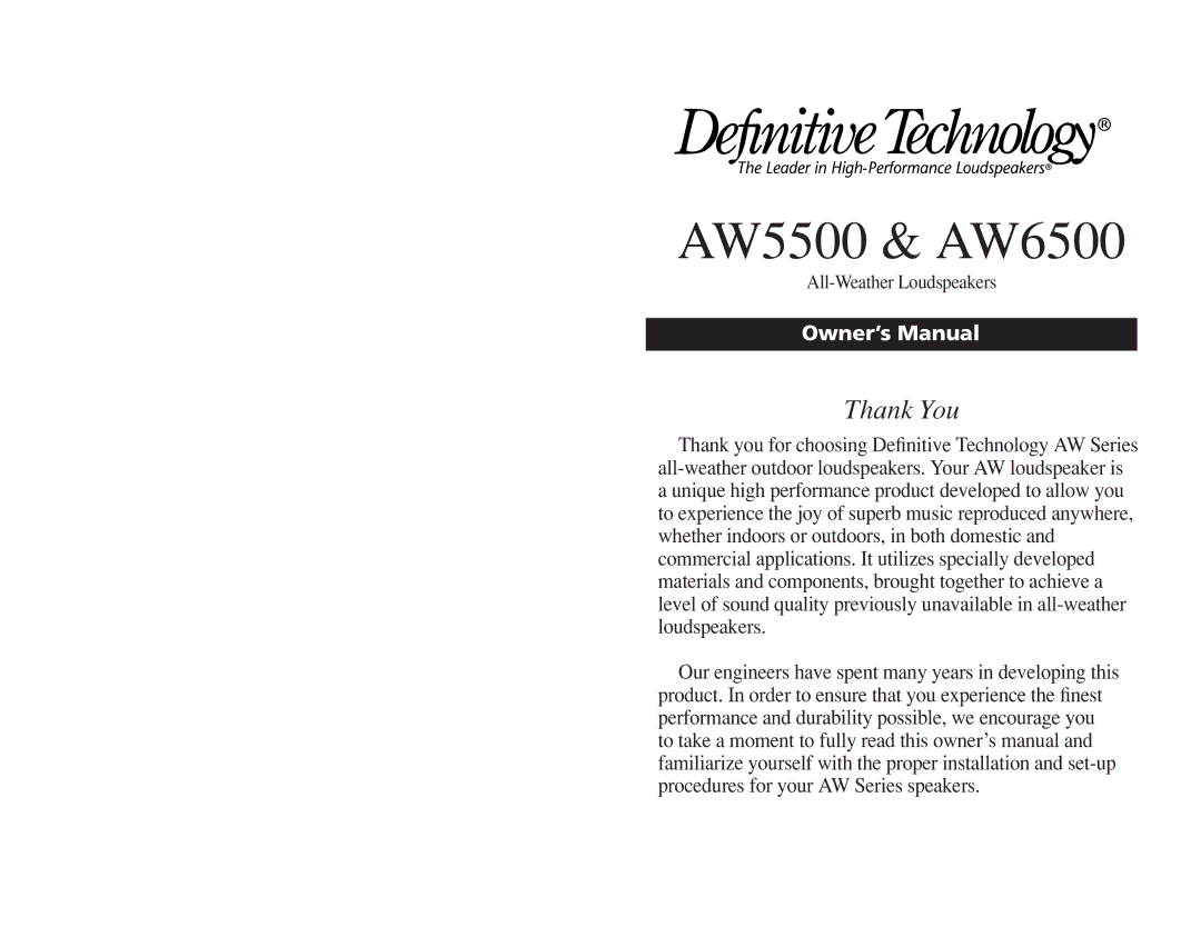 Definitive Technology owner manual AW5500 & AW6500 