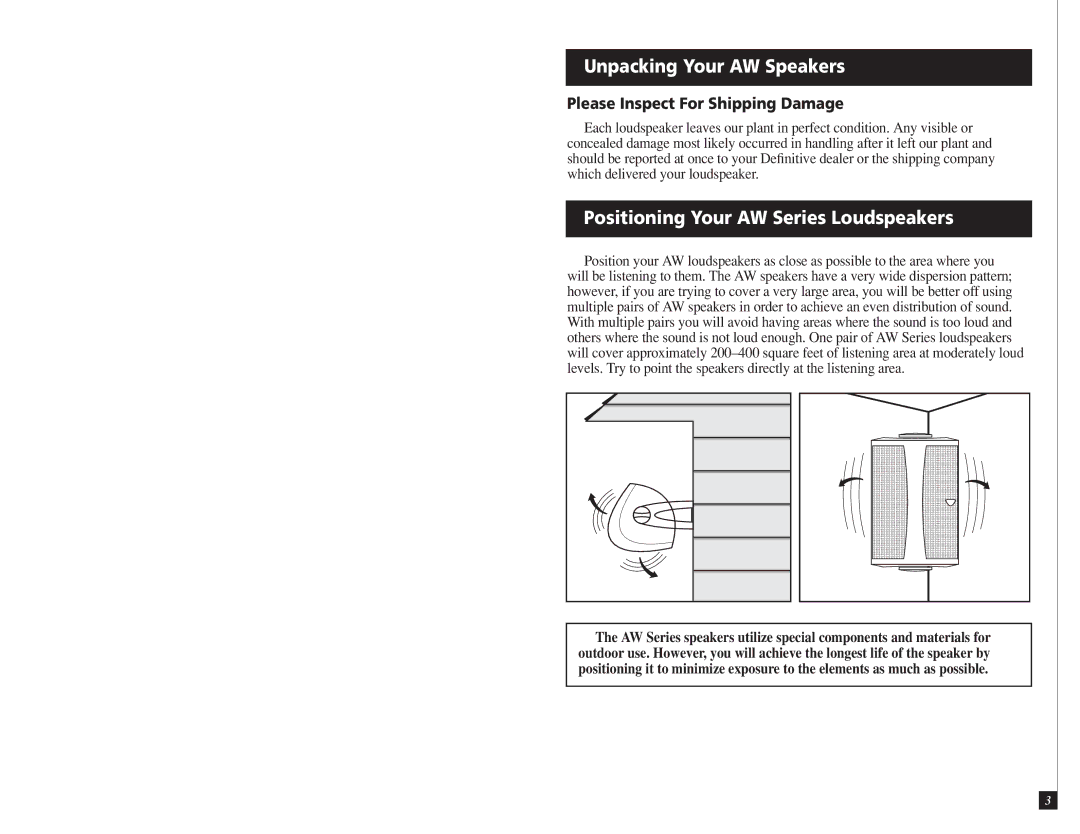 Definitive Technology AW6500, AW5500 owner manual Unpacking Your AW Speakers, Positioning Your AW Series Loudspeakers 