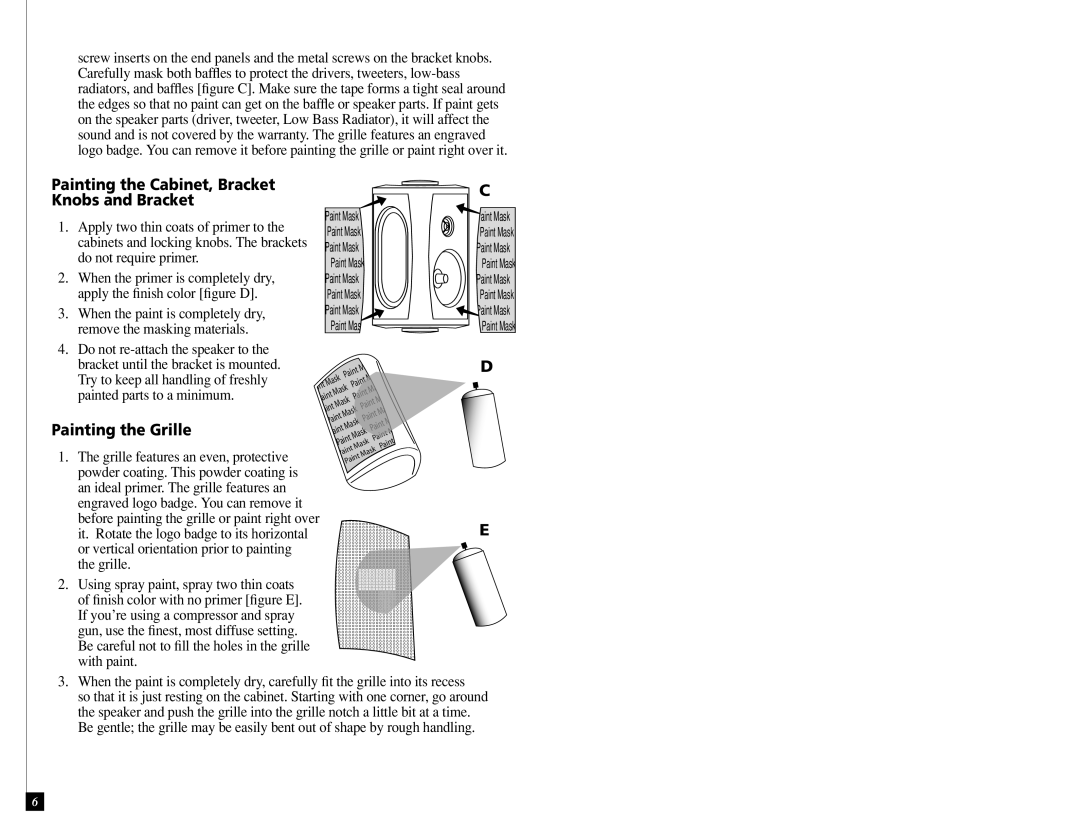 Definitive Technology AW5500, AW6500 owner manual Painting the Cabinet, Bracket Knobs and Bracket, Painting the Grille 