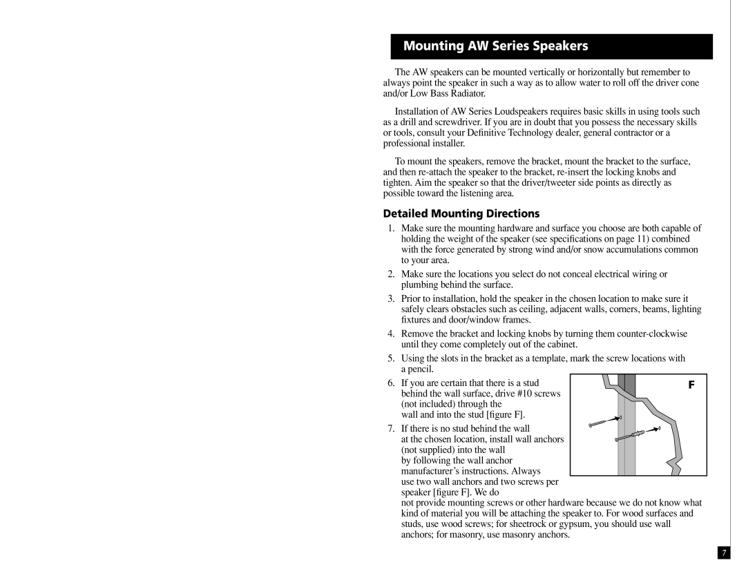 Definitive Technology AW6500, AW5500 owner manual Mounting AW Series Speakers, Detailed Mounting Directions 