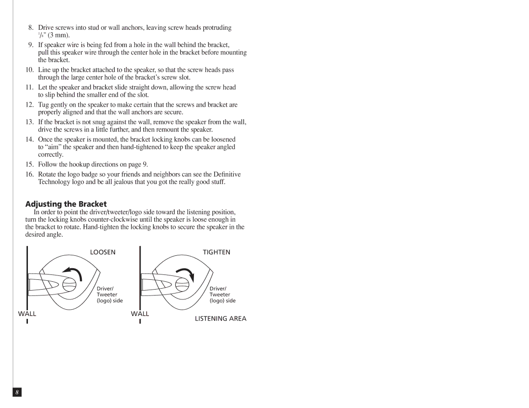 Definitive Technology AW5500, AW6500 owner manual Adjusting the Bracket 