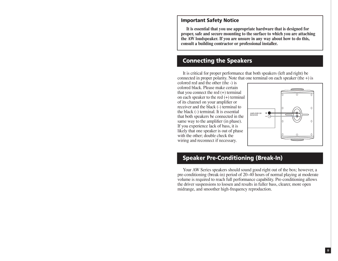 Definitive Technology AW6500, AW5500 Connecting the Speakers, Speaker Pre-Conditioning Break-In, Important Safety Notice 