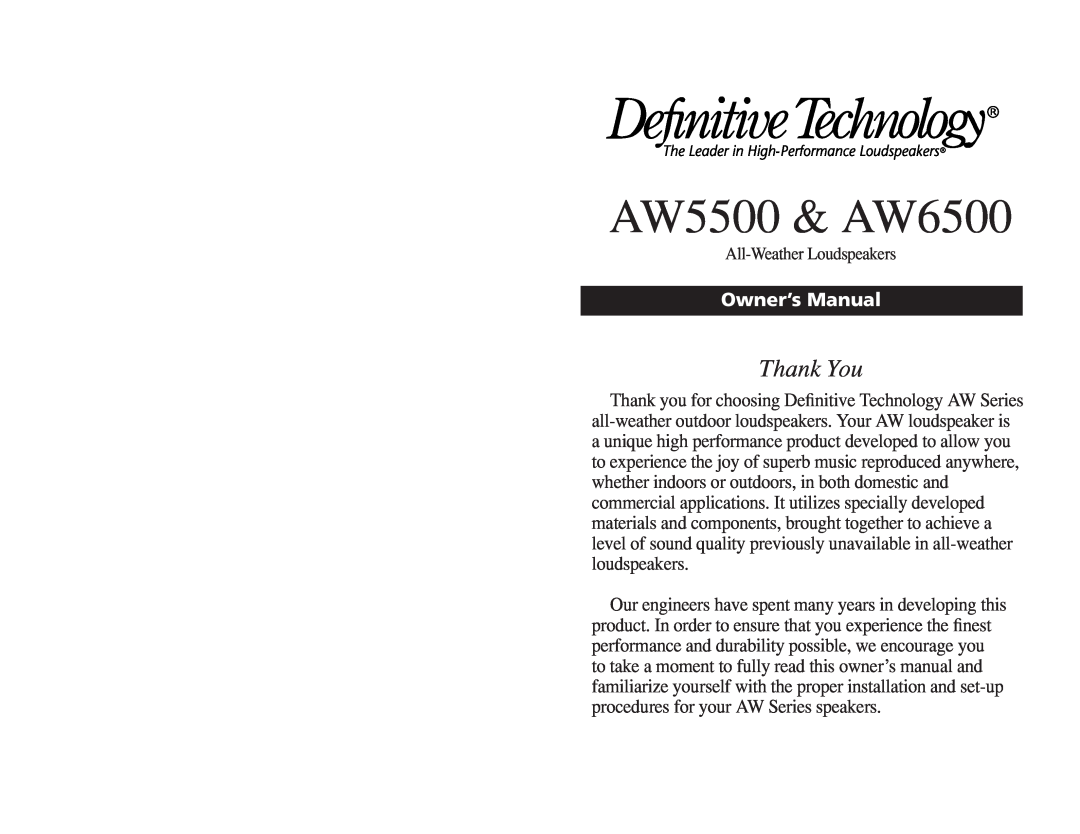 Definitive Technology owner manual AW5500 & AW6500, Thank You 